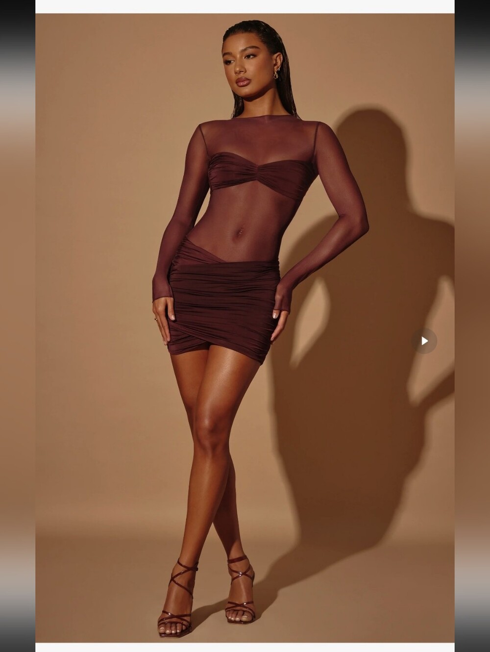 Oh Polly Sheer Long Sleeve Mini Dress in Burgundy
